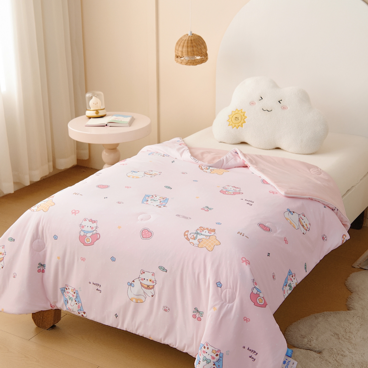 91家纺网 家纺一手货源 找家纺 御棉坊 御棉坊2026圆网A类凉感幼儿园夏凉被宝宝午睡薄被子儿童空调被夏被 开心猫咪