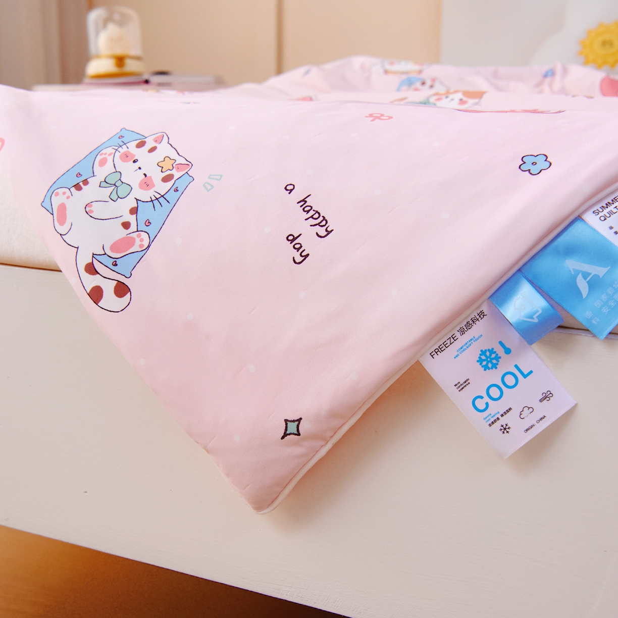 91家纺网 家纺一手货源 找家纺 御棉坊 御棉坊2026圆网A类凉感幼儿园夏凉被宝宝午睡薄被子儿童空调被夏被 开心猫咪