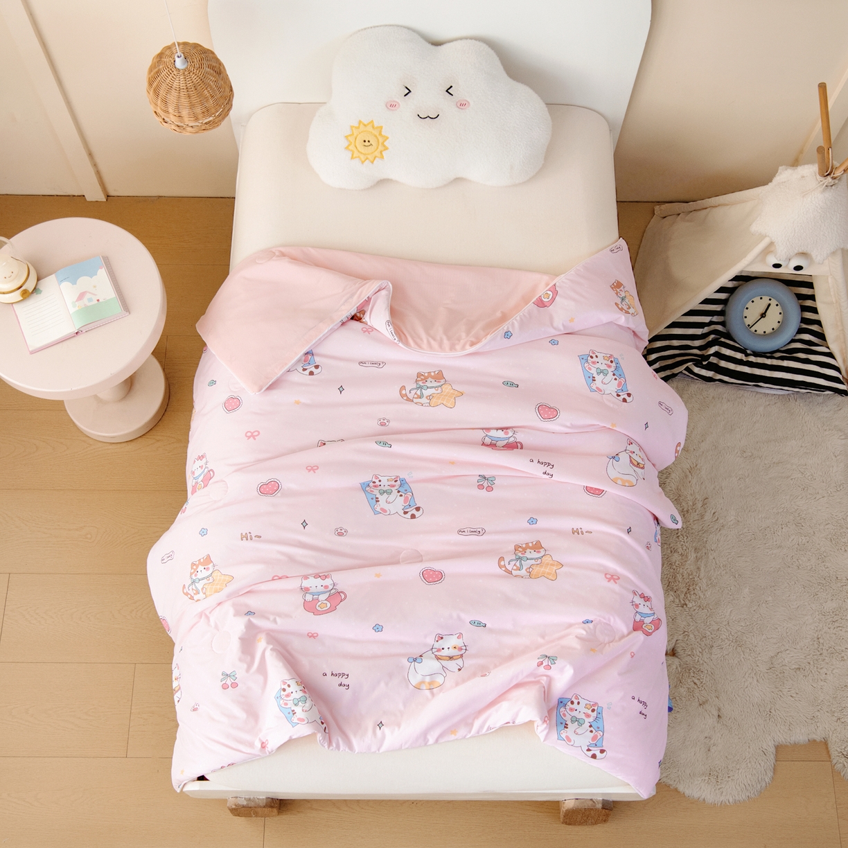 91家纺网 家纺一手货源 找家纺 御棉坊 御棉坊2026圆网A类凉感幼儿园夏凉被宝宝午睡薄被子儿童空调被夏被 开心猫咪
