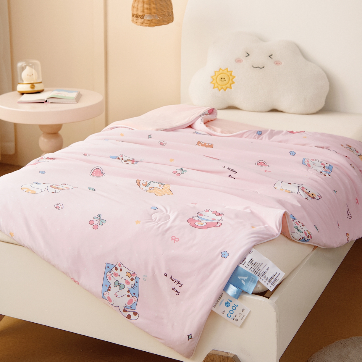 91家纺网 家纺一手货源 找家纺 御棉坊 御棉坊2026圆网A类凉感幼儿园夏凉被宝宝午睡薄被子儿童空调被夏被 开心猫咪