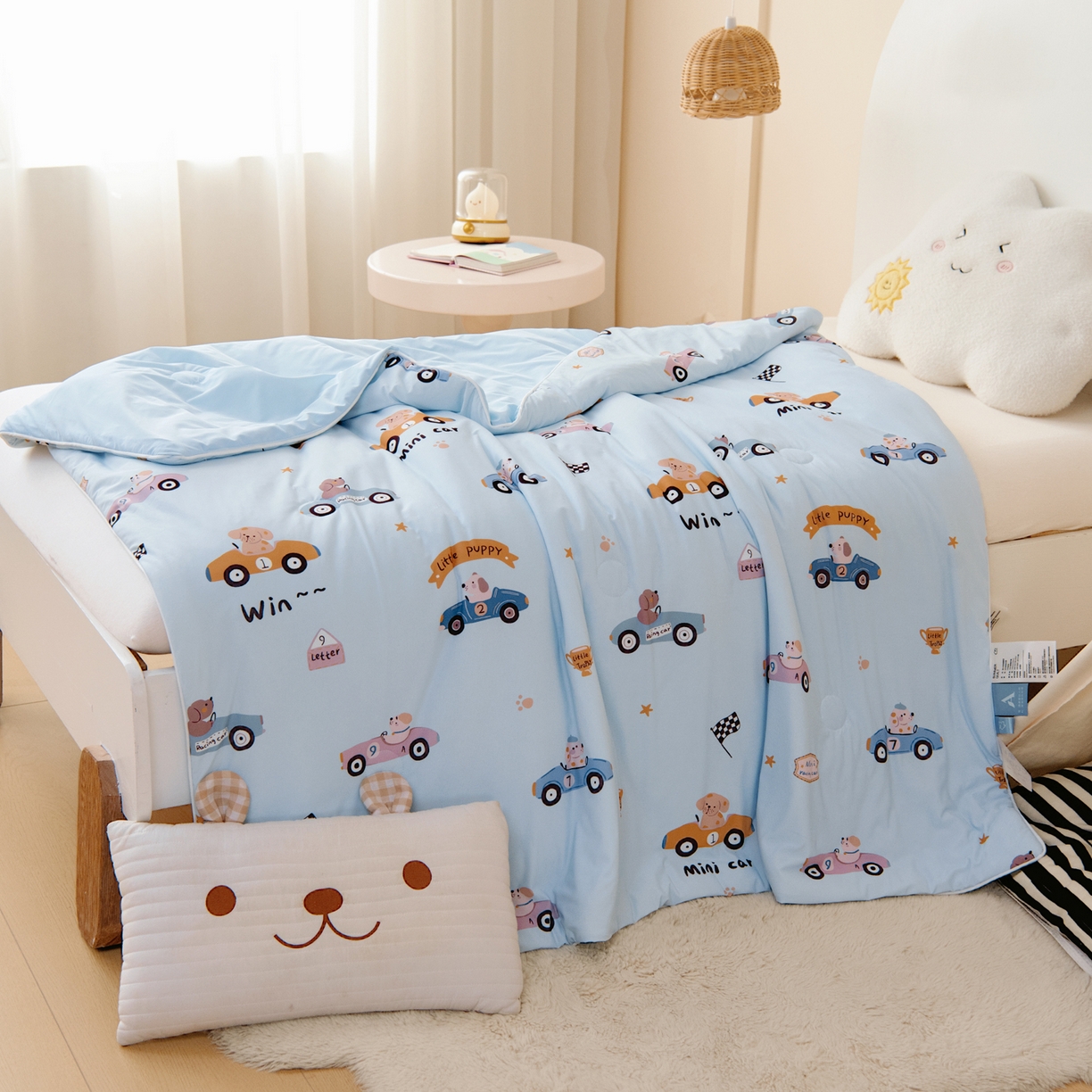 91家纺网 家纺一手货源 找家纺 御棉坊 御棉坊2026圆网A类凉感幼儿园夏凉被宝宝午睡薄被子儿童空调被夏被 波比赛车-蓝