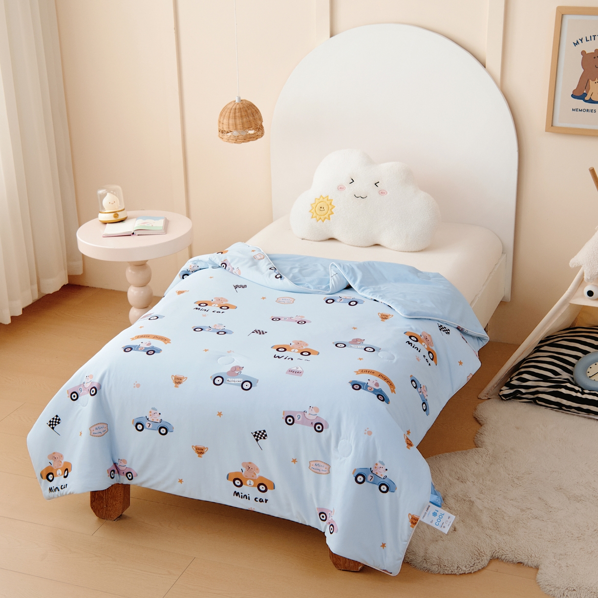 91家纺网 家纺一手货源 找家纺 御棉坊 御棉坊2026圆网A类凉感幼儿园夏凉被宝宝午睡薄被子儿童空调被夏被 波比赛车-蓝