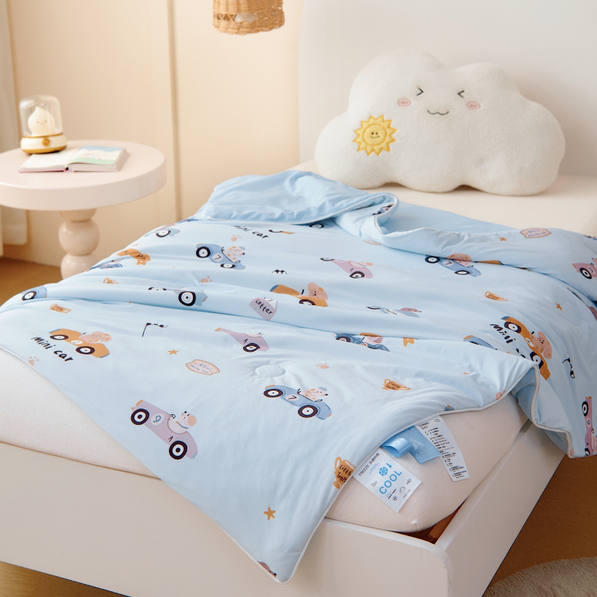 91家纺网 家纺一手货源 找家纺 御棉坊 御棉坊2026圆网A类凉感幼儿园夏凉被宝宝午睡薄被子儿童空调被夏被 波比赛车-蓝