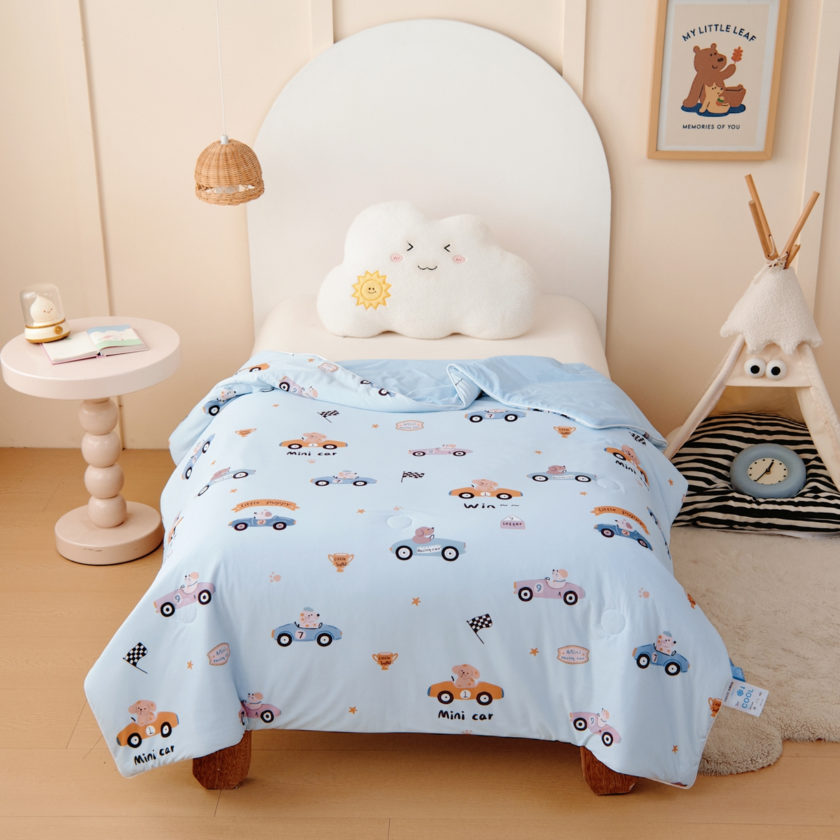 91家纺网 家纺一手货源 找家纺 御棉坊 御棉坊2026圆网A类凉感幼儿园夏凉被宝宝午睡薄被子儿童空调被夏被 波比赛车-蓝