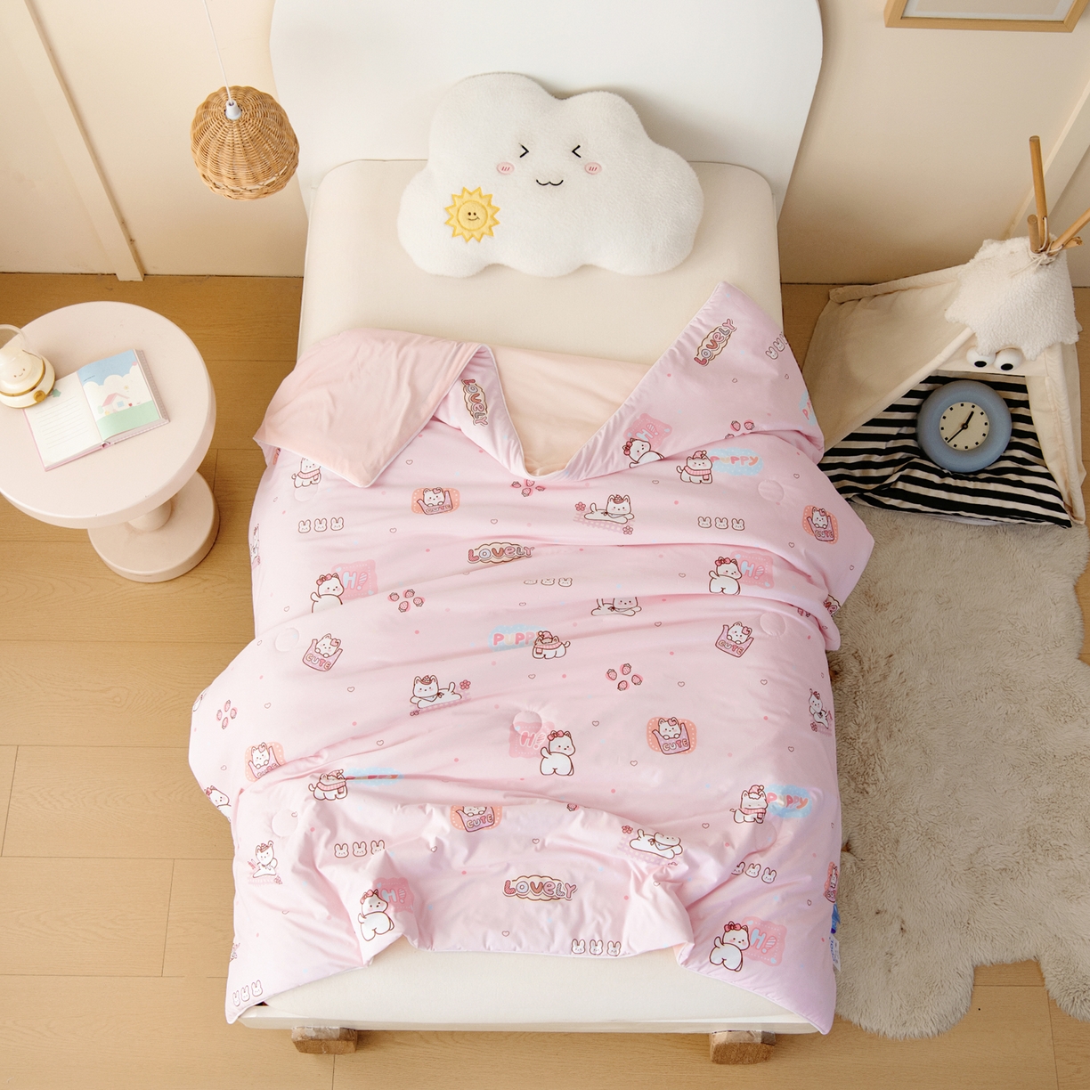 91家纺网 家纺一手货源 找家纺 御棉坊 御棉坊2026圆网A类凉感幼儿园夏凉被宝宝午睡薄被子儿童空调被夏被 草莓小猫