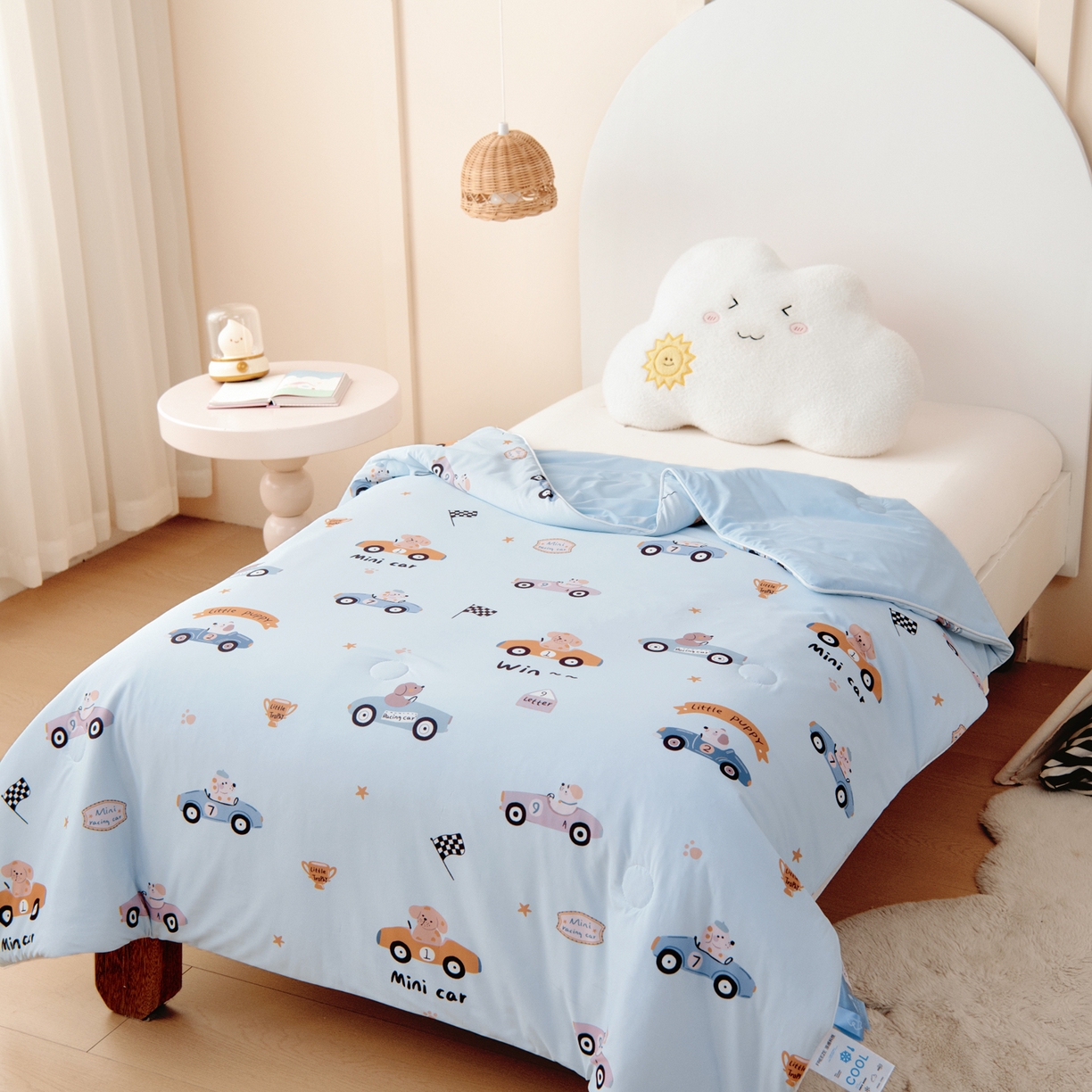 91家纺网 家纺一手货源 找家纺 御棉坊 御棉坊2026圆网A类凉感幼儿园夏凉被宝宝午睡薄被子儿童空调被夏被 波比赛车-蓝