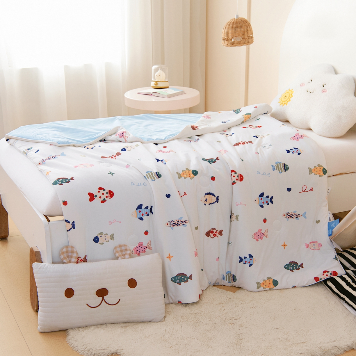 91家纺网 家纺一手货源 找家纺 御棉坊 御棉坊2026圆网A类凉感幼儿园夏凉被宝宝午睡薄被子儿童空调被夏被 游游小鱼