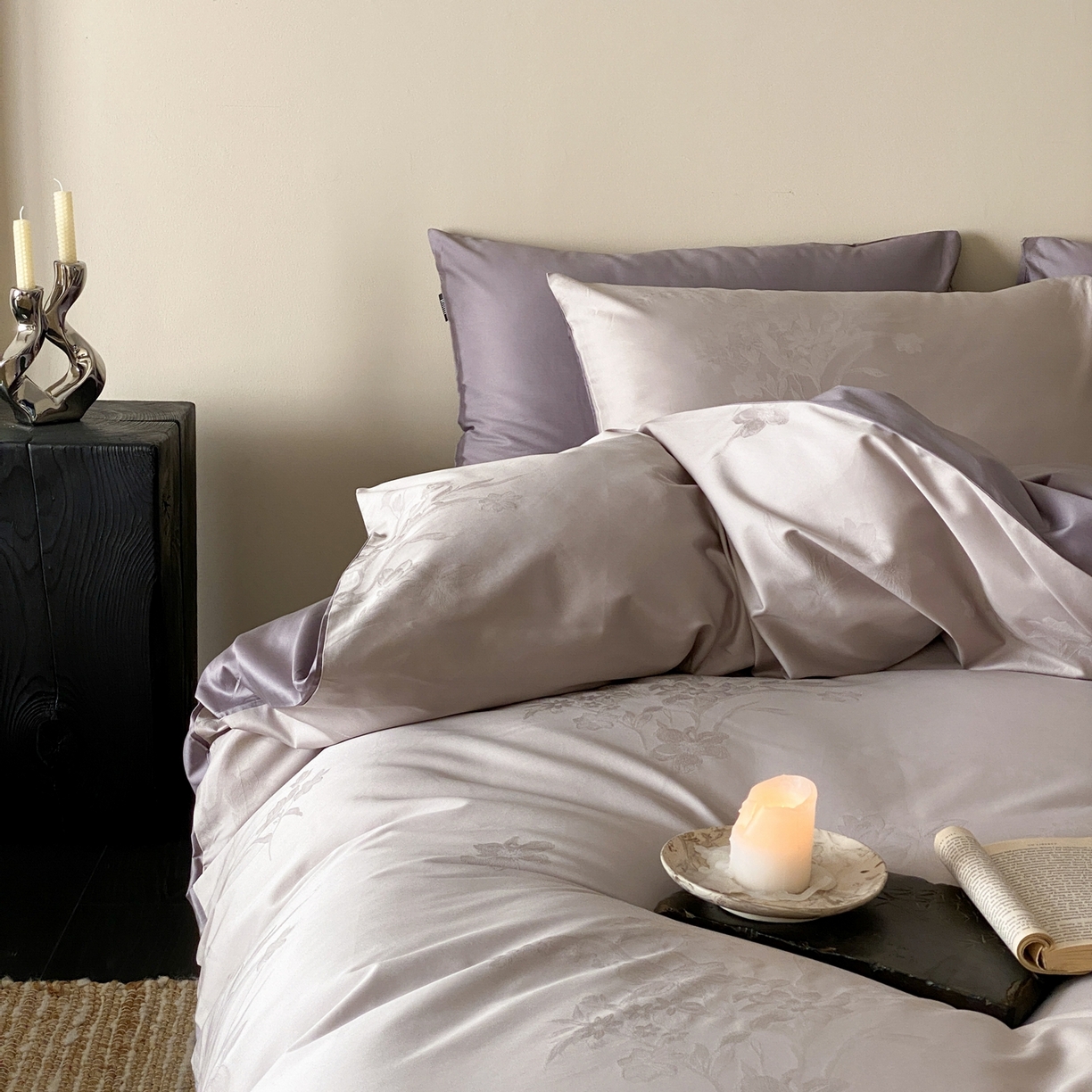 91家纺网 家纺一手货源 找家纺 玉宇阁家居 2026新款50支双股全棉纯棉贡缎大提花四件套 浅云微黛