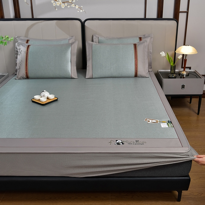 91家纺网 家纺一手货源 找家纺 小牛席业 2026新款加厚款-经典熊猫冰藤席（床笠款）凉席藤席冰藤席竹席空调席草席冰丝席豆豆席乳胶席三件套 加厚款-熊猫冰藤席（床笠款）-绿色