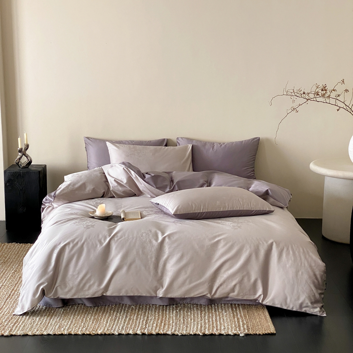 91家纺网 家纺一手货源 找家纺 玉宇阁家居 2026新款50支双股全棉纯棉贡缎大提花四件套 浅云微黛