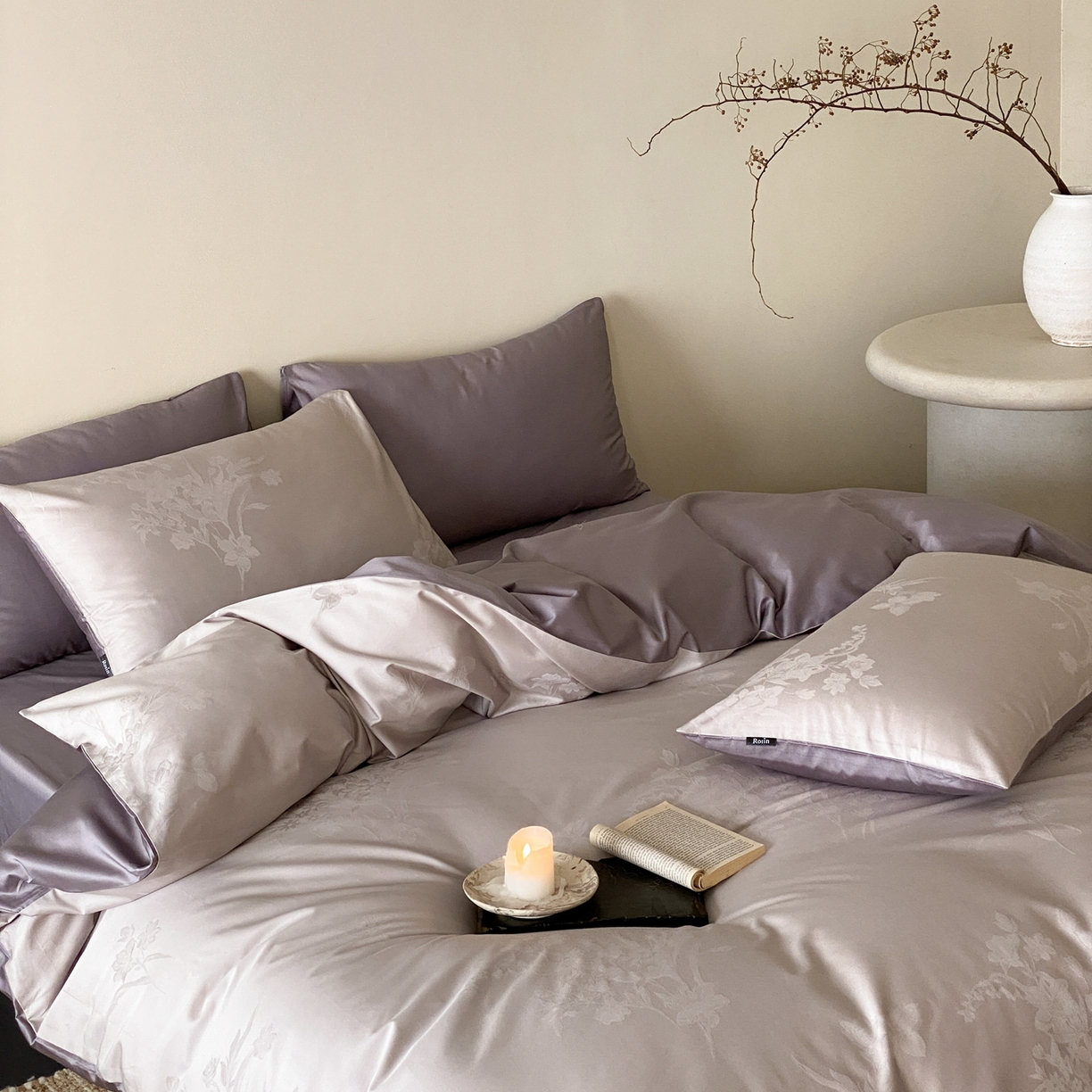 91家纺网 家纺一手货源 找家纺 玉宇阁家居 2026新款50支双股全棉纯棉贡缎大提花四件套 浅云微黛