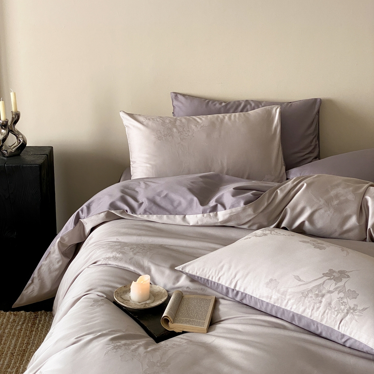 91家纺网 家纺一手货源 找家纺 玉宇阁家居 2026新款50支双股全棉纯棉贡缎大提花四件套 浅云微黛