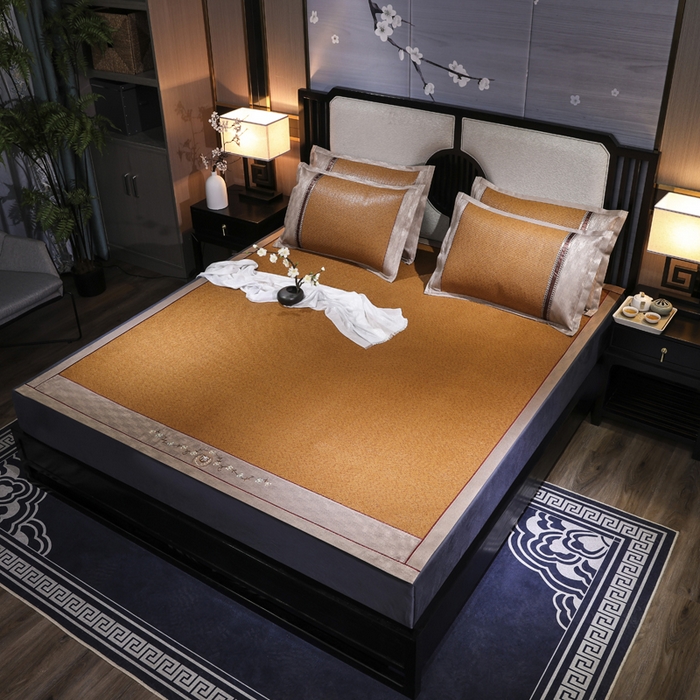 91家纺网 家纺一手货源 找家纺 小牛席业 2026新款绣花古藤凉席【双面席】凉席藤席冰藤席竹席空调席草席冰丝席豆豆席乳胶席三件套 红棕古藤双面席