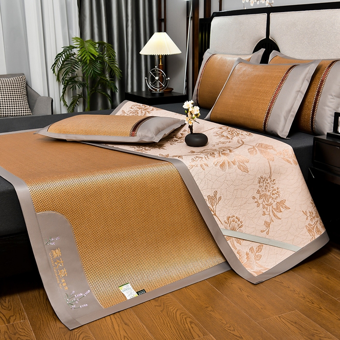 91家纺网 家纺一手货源 找家纺 小牛席业 2026新款薰衣草冰藤席系列（冰藤席面）凉席藤席冰藤双面席冰丝席竹席凉席空调席草席三件套 薰衣草清香冰藤席-金色