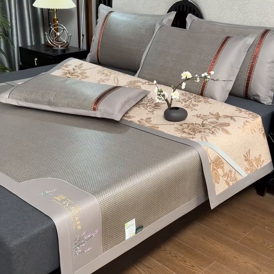 91家纺网 家纺一手货源 找家纺 小牛席业 2026新款薰衣草冰藤席系列（冰藤席面）凉席藤席冰藤双面席冰丝席竹席凉席空调席草席三件套 薰衣草清香冰藤席-香槟