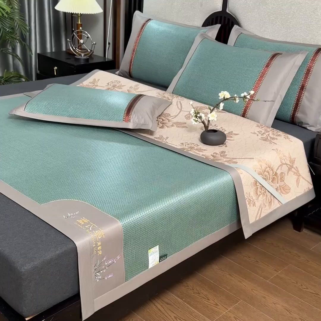 91家纺网 家纺一手货源 找家纺 小牛席业 2026新款薰衣草冰藤席系列（冰藤席面）凉席藤席冰藤双面席冰丝席竹席凉席空调席草席三件套 薰衣草清香冰藤席-绿色