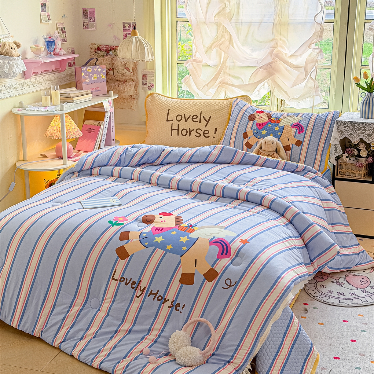 91家纺网 家纺一手货源 找家纺 梵克保罗 2026新款金豆豆床盖A类针织棉印花大版卡通床盖三四件套 要嘛有马