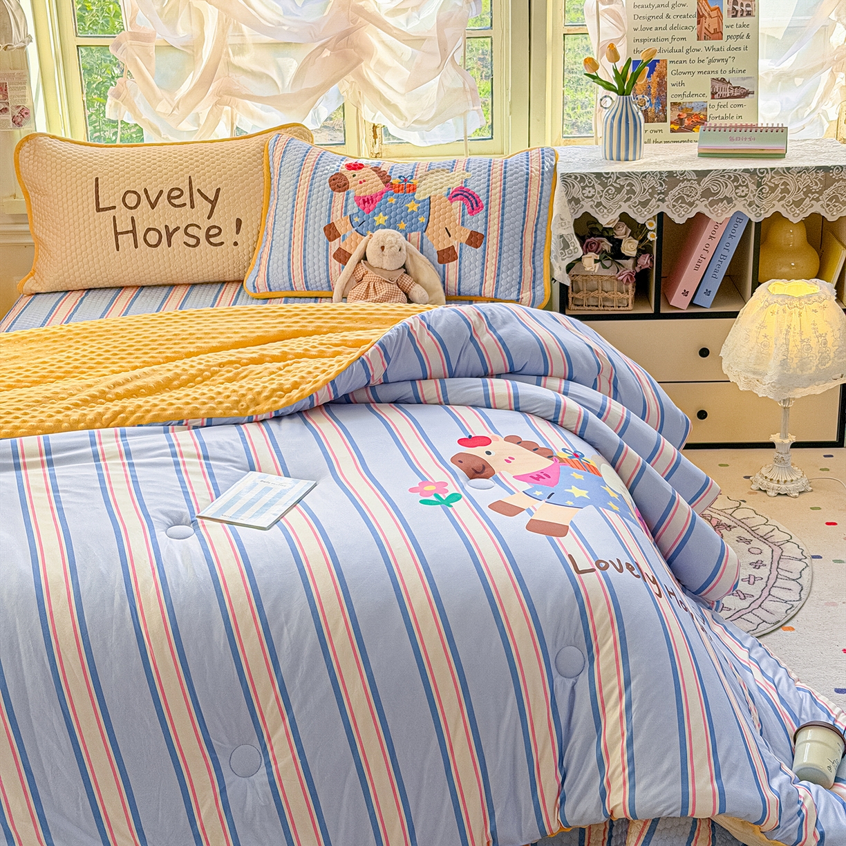 91家纺网 家纺一手货源 找家纺 梵克保罗 2026新款金豆豆床盖A类针织棉印花大版卡通床盖三四件套 要嘛有马