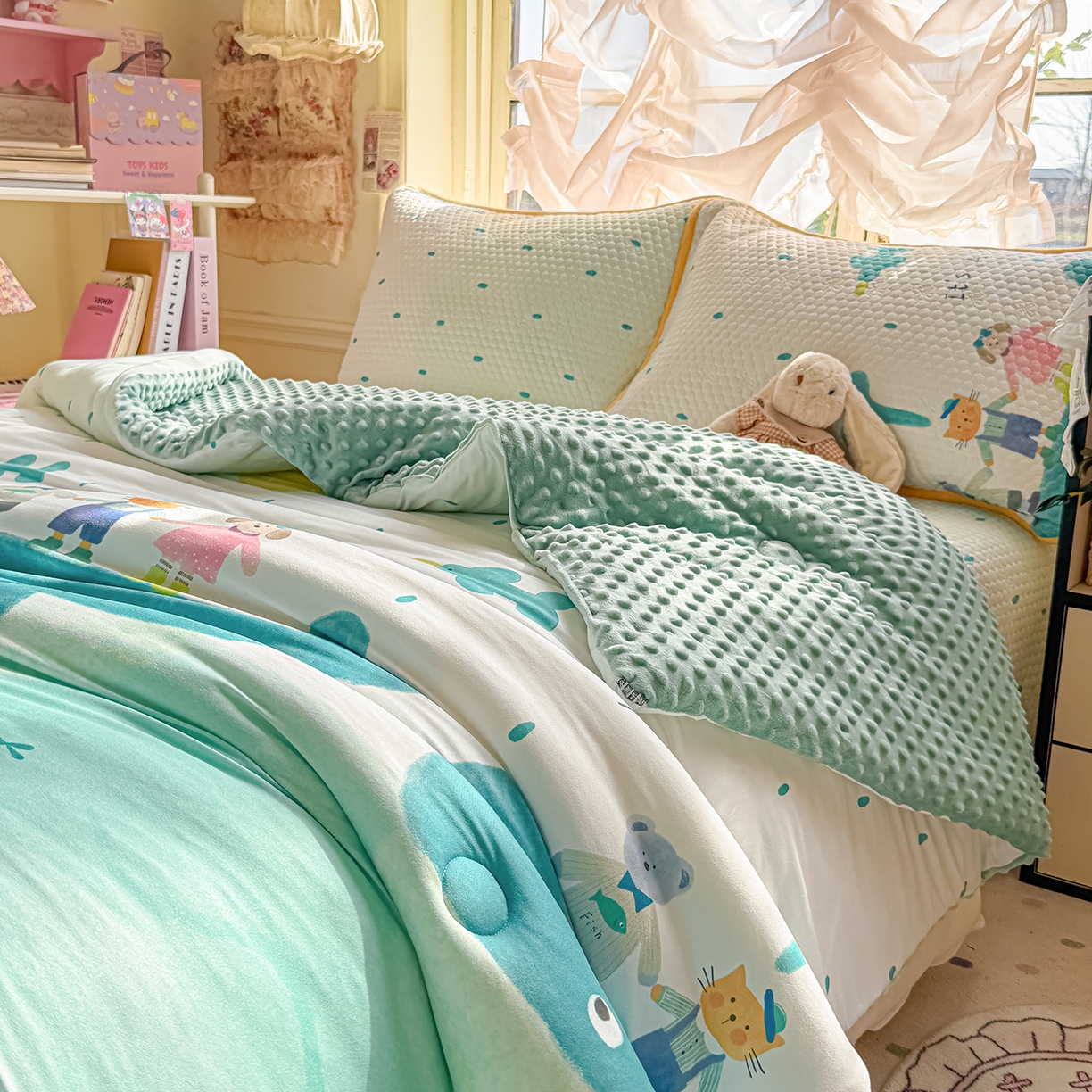 91家纺网 家纺一手货源 找家纺 梵克保罗 2026新款金豆豆床盖A类针织棉印花大版卡通床盖三四件套 小虎鲸