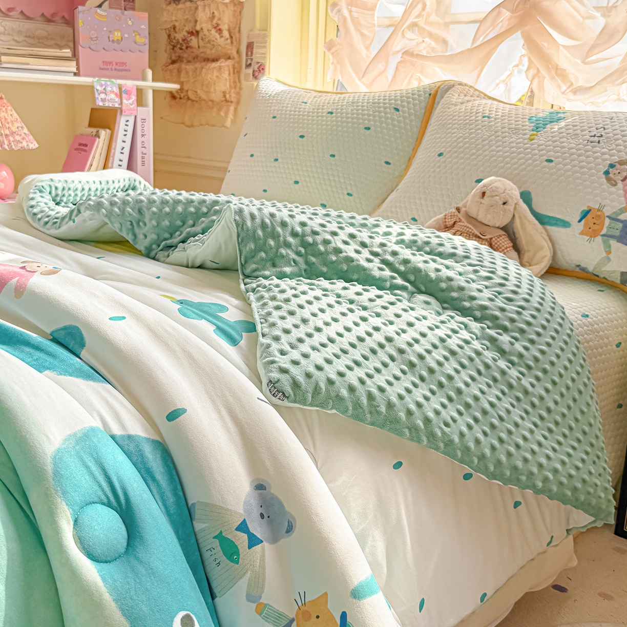 91家纺网 家纺一手货源 找家纺 梵克保罗 2026新款金豆豆床盖A类针织棉印花大版卡通床盖三四件套 小虎鲸