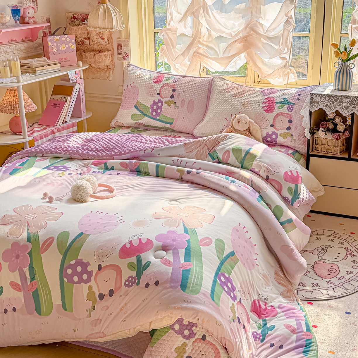 91家纺网 家纺一手货源 找家纺 梵克保罗 2026新款金豆豆床盖A类针织棉印花大版卡通床盖三四件套 花仙子