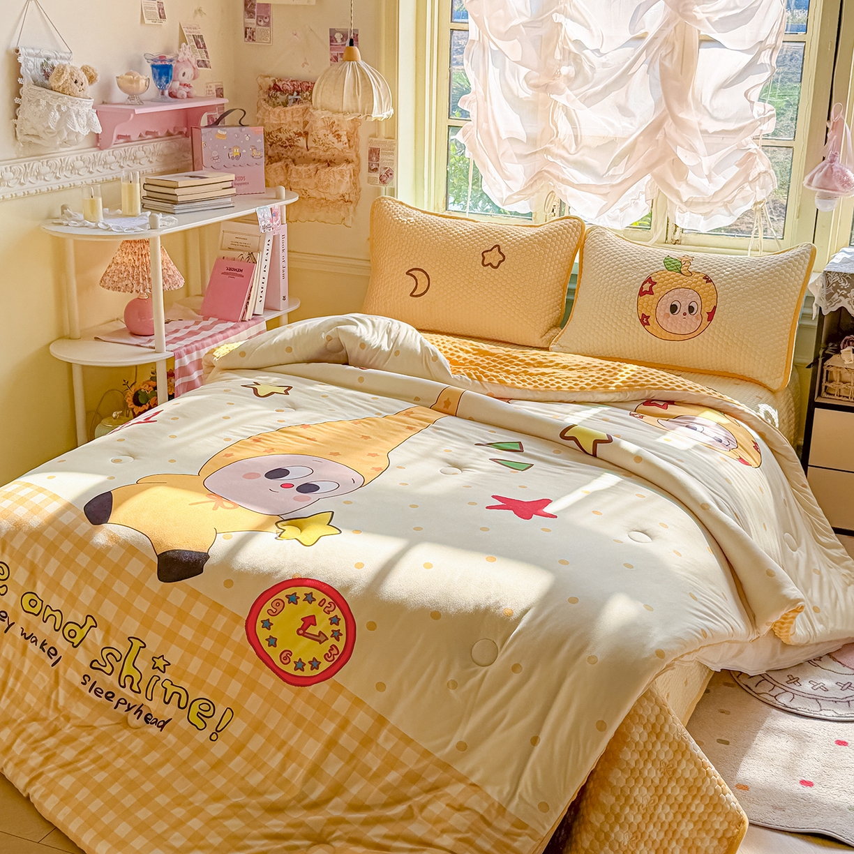 91家纺网 家纺一手货源 找家纺 梵克保罗 2026新款金豆豆床盖A类针织棉印花大版卡通床盖三四件套 幸运星星