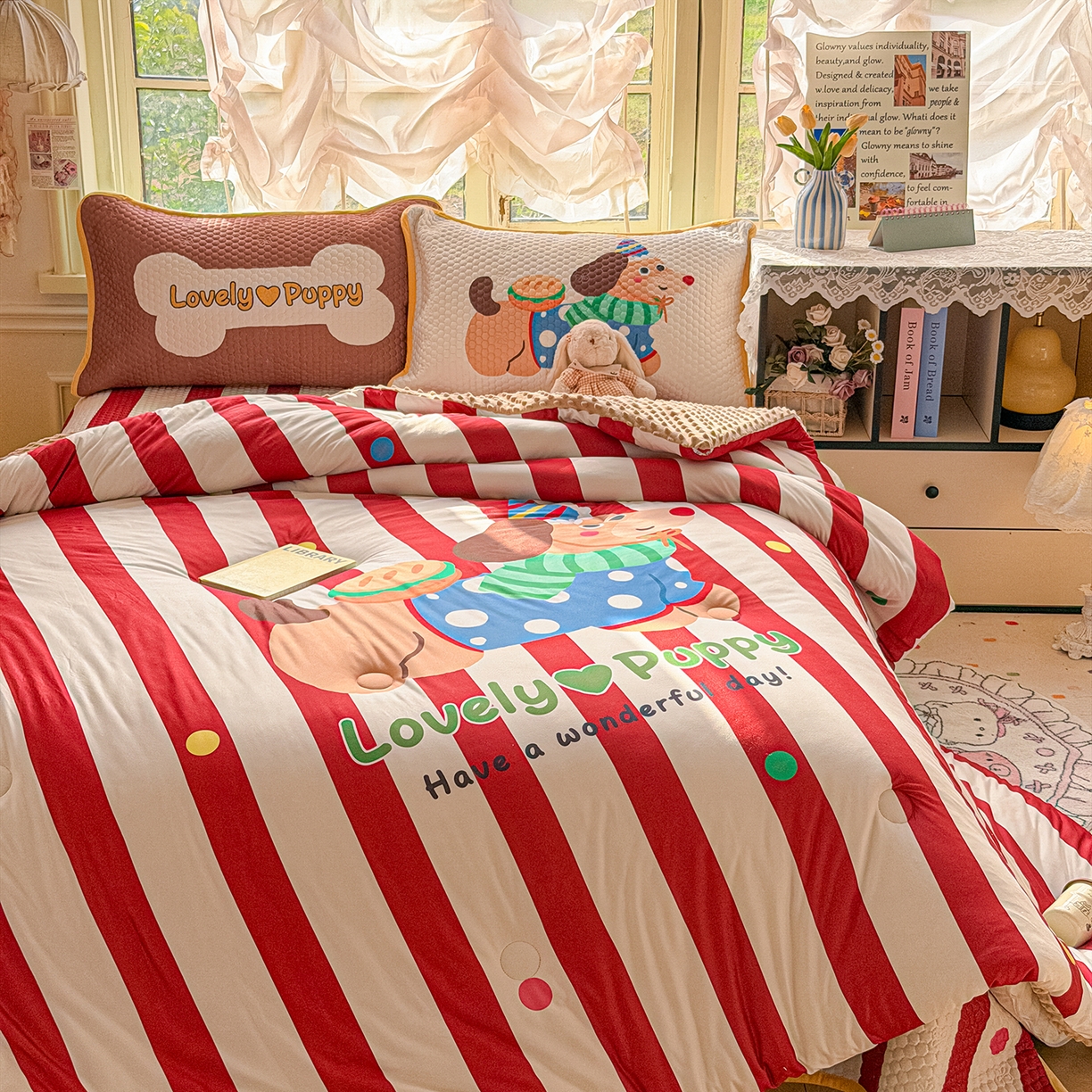 91家纺网 家纺一手货源 找家纺 梵克保罗 2026新款金豆豆床盖A类针织棉印花大版卡通床盖三四件套 鸿运当头