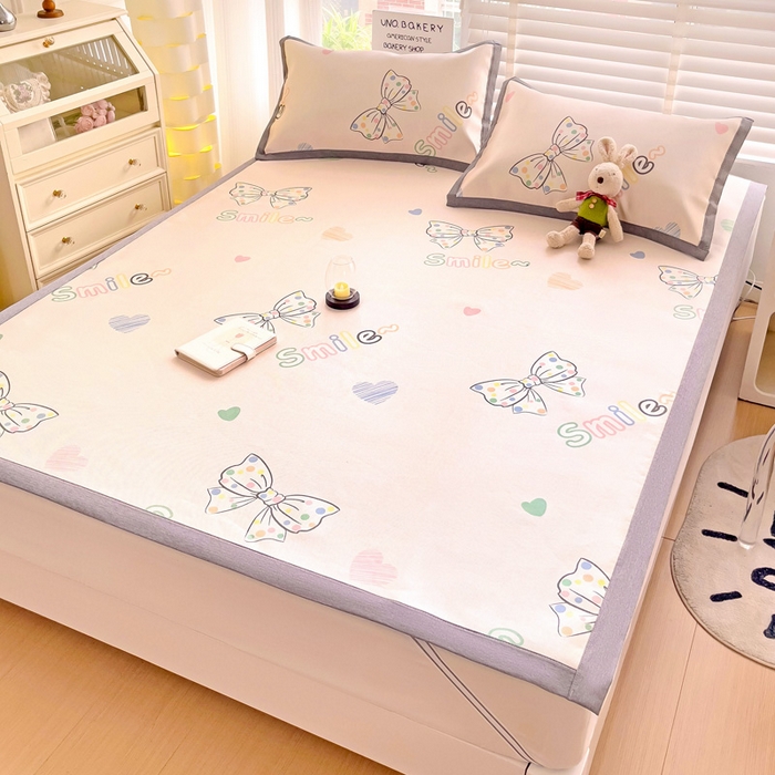 91家纺网 家纺一手货源 找家纺 金盛纺 2025新款A类数码印花冰丝席-床席款蝴蝶结-床席款