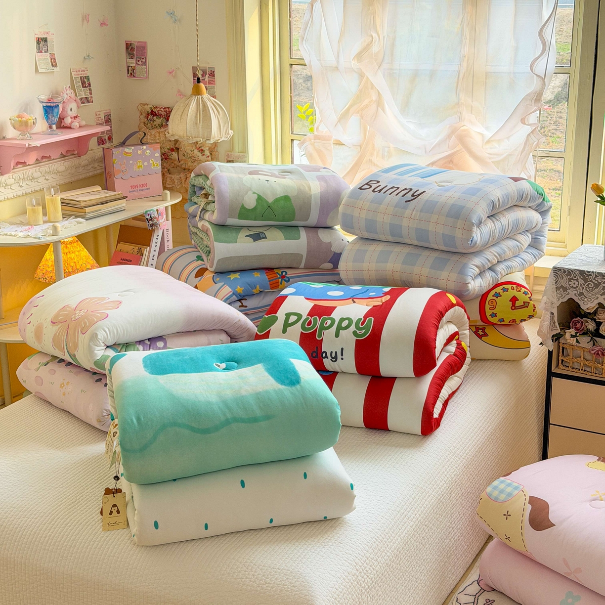 91家纺网 家纺一手货源 找家纺 梵克保罗 2026春夏直播热款A类针织棉豆豆被夏被春秋被空调被儿童学生大版卡通被子被芯 花仙子