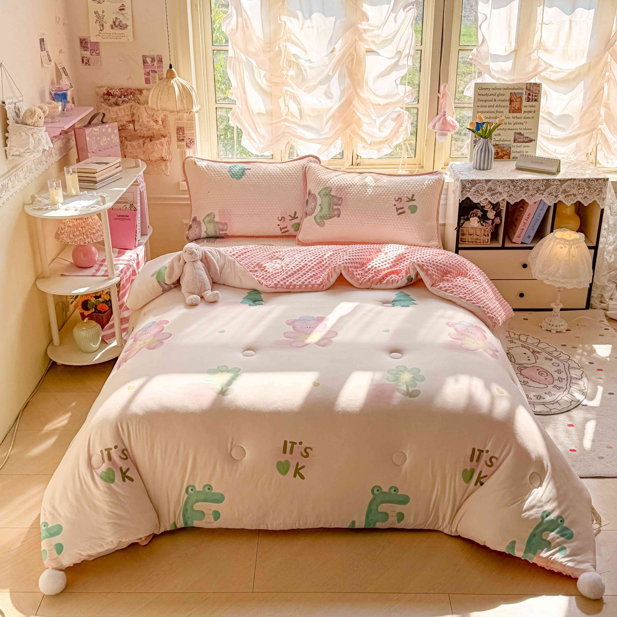 梵克保罗 2026春夏直播热款A类针织棉豆豆被夏被春秋被空调被儿童学生大版卡通被子被芯 粉熊和小鳄