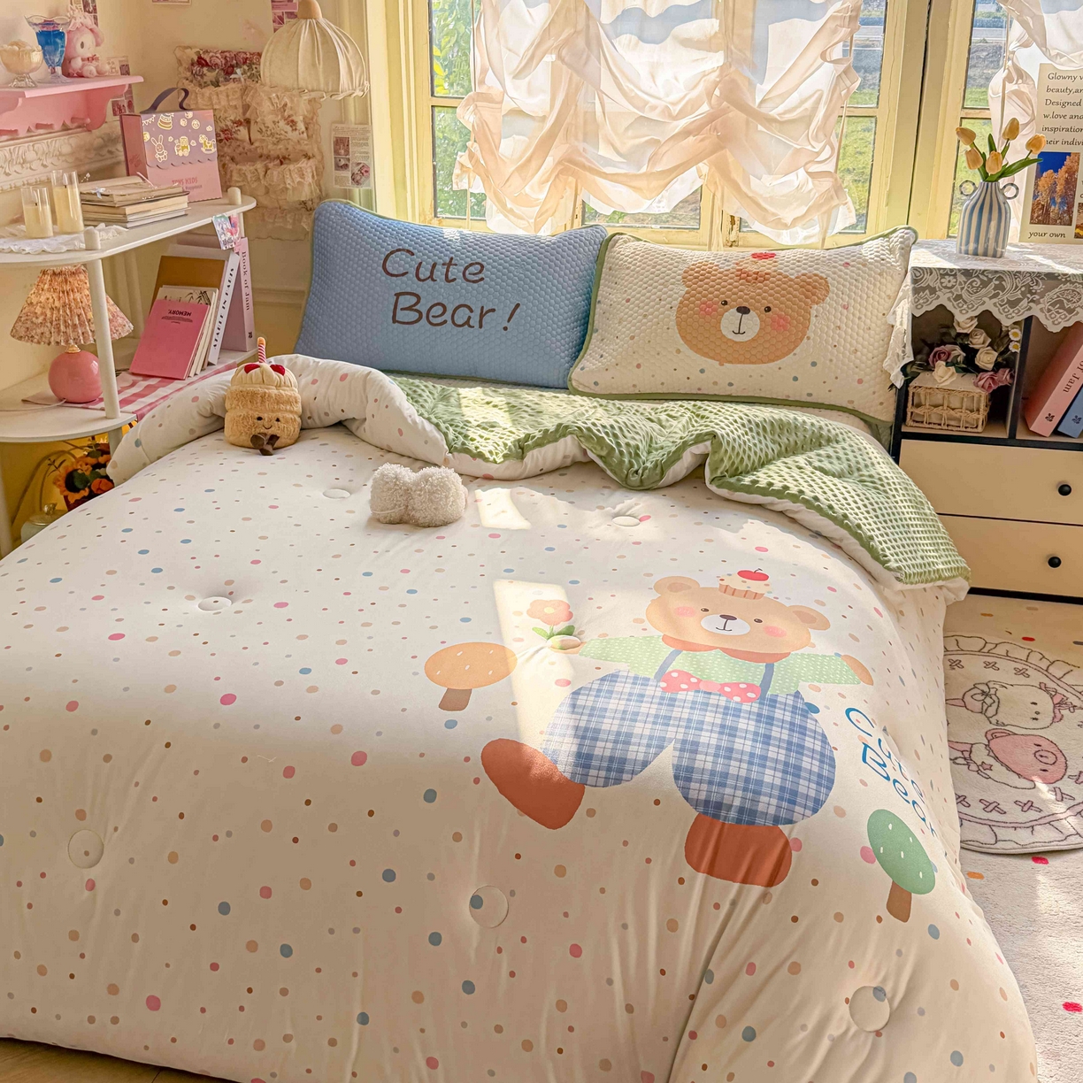 91家纺网 家纺一手货源 找家纺 梵克保罗 2026春夏直播热款A类针织棉豆豆被夏被春秋被空调被儿童学生大版卡通被子被芯 可爱小熊