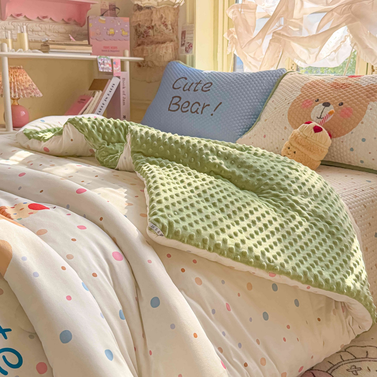 91家纺网 家纺一手货源 找家纺 梵克保罗 2026春夏直播热款A类针织棉豆豆被夏被春秋被空调被儿童学生大版卡通被子被芯 可爱小熊