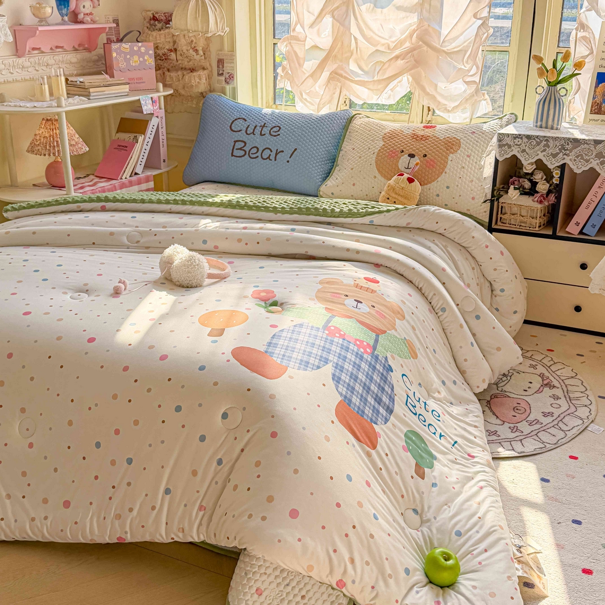 91家纺网 家纺一手货源 找家纺 梵克保罗 2026春夏直播热款A类针织棉豆豆被夏被春秋被空调被儿童学生大版卡通被子被芯 可爱小熊