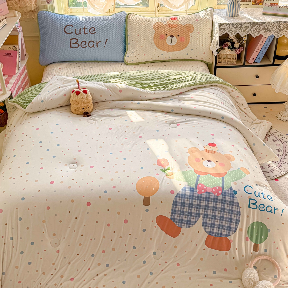 91家纺网 家纺一手货源 找家纺 梵克保罗 2026春夏直播热款A类针织棉豆豆被夏被春秋被空调被儿童学生大版卡通被子被芯 可爱小熊