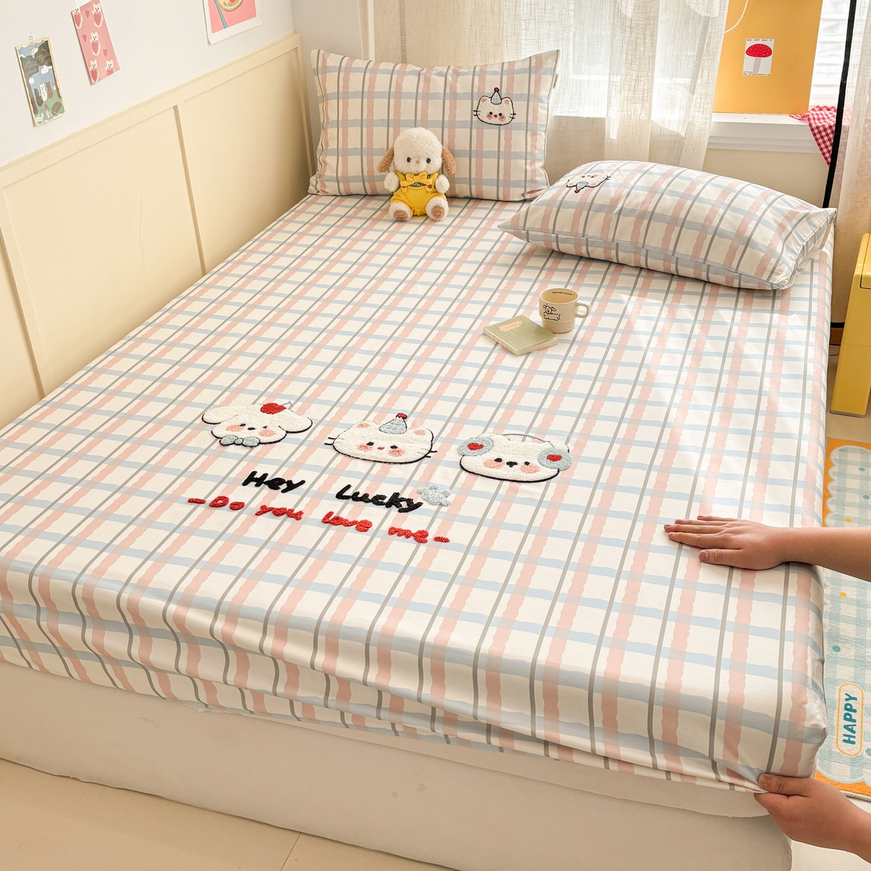 雅居纺家纺 2026新款毛巾绣全棉纯棉老粗布席子凉席床笠床单 彩格萌宠