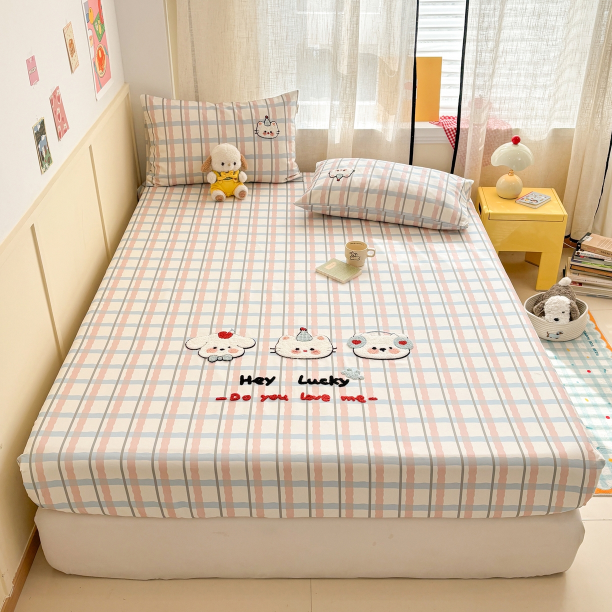 91家纺网 家纺一手货源 找家纺 雅居纺家纺 2026新款毛巾绣全棉纯棉老粗布席子凉席床笠床单 彩格萌宠