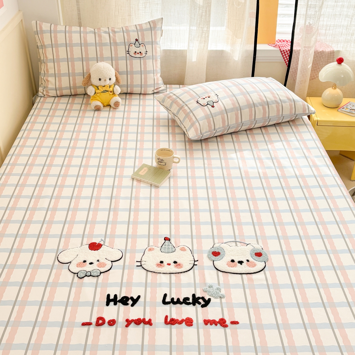 91家纺网 家纺一手货源 找家纺 雅居纺家纺 2026新款毛巾绣全棉纯棉老粗布席子凉席床笠床单 彩格萌宠