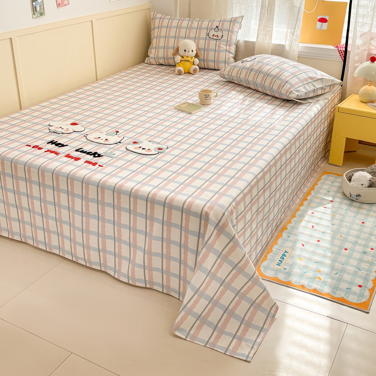 91家纺网 家纺一手货源 找家纺 雅居纺家纺 2026新款毛巾绣全棉纯棉老粗布席子凉席床笠床单 彩格萌宠