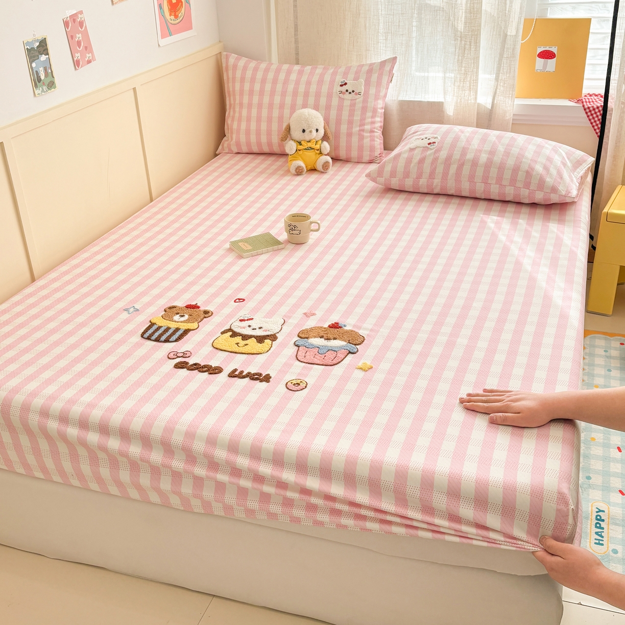 雅居纺家纺 2026新款毛巾绣全棉纯棉老粗布席子凉席床笠床单 粉格甜宠