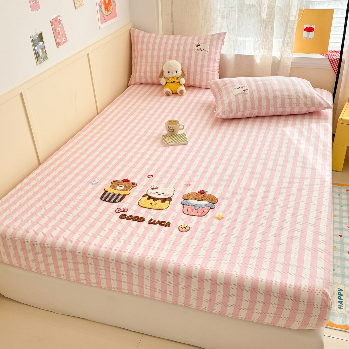 91家纺网 家纺一手货源 找家纺 雅居纺家纺 2026新款毛巾绣全棉纯棉老粗布席子凉席床笠床单 粉格甜宠