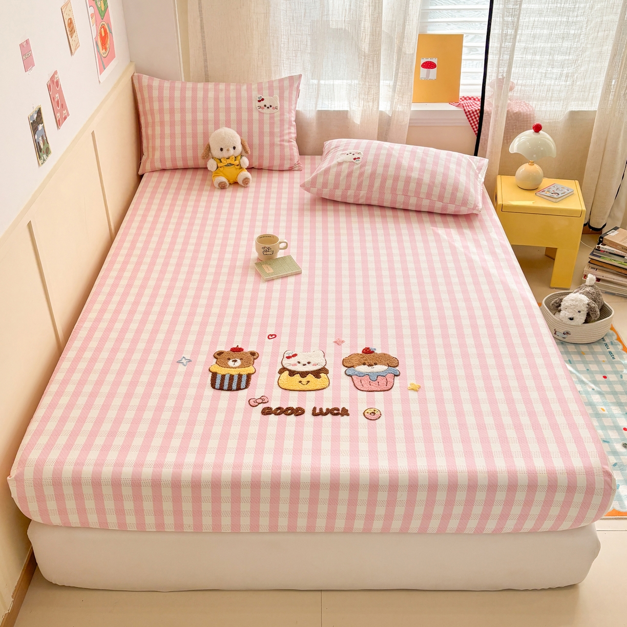 91家纺网 家纺一手货源 找家纺 雅居纺家纺 2026新款毛巾绣全棉纯棉老粗布席子凉席床笠床单 粉格甜宠