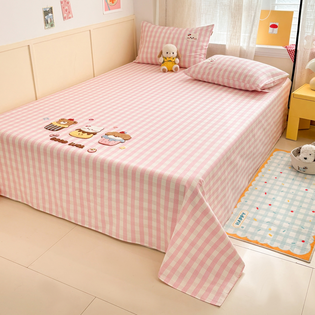 91家纺网 家纺一手货源 找家纺 雅居纺家纺 2026新款毛巾绣全棉纯棉老粗布席子凉席床笠床单 粉格甜宠