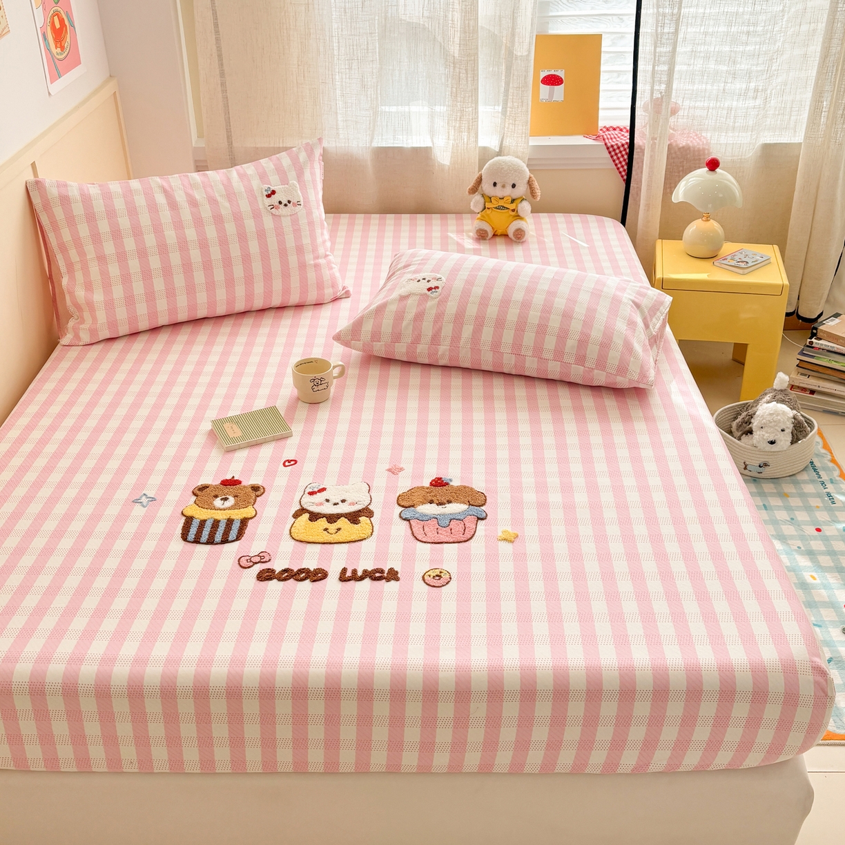 91家纺网 家纺一手货源 找家纺 雅居纺家纺 2026新款毛巾绣全棉纯棉老粗布席子凉席床笠床单 粉格甜宠