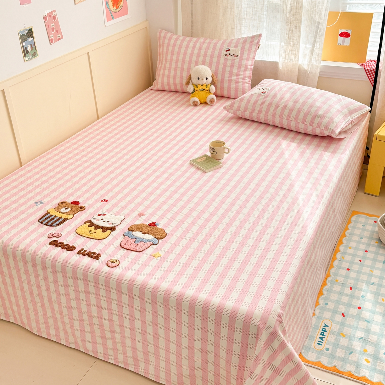 91家纺网 家纺一手货源 找家纺 雅居纺家纺 2026新款毛巾绣全棉纯棉老粗布席子凉席床笠床单 粉格甜宠