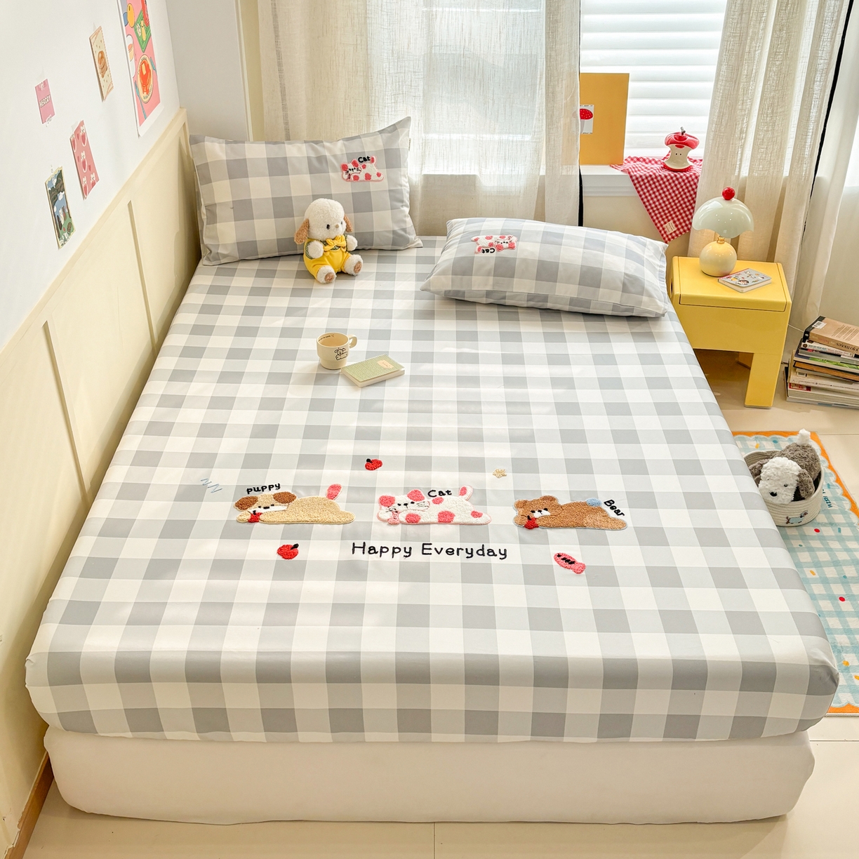 91家纺网 家纺一手货源 找家纺 雅居纺家纺 2026新款毛巾绣全棉纯棉老粗布席子凉席床笠床单 灰格趴趴宠