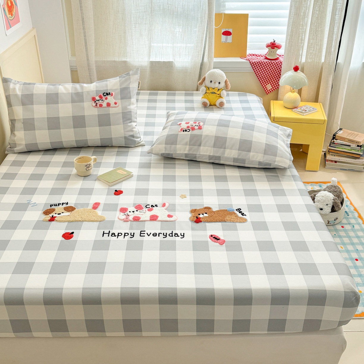 91家纺网 家纺一手货源 找家纺 雅居纺家纺 2026新款毛巾绣全棉纯棉老粗布席子凉席床笠床单 灰格趴趴宠