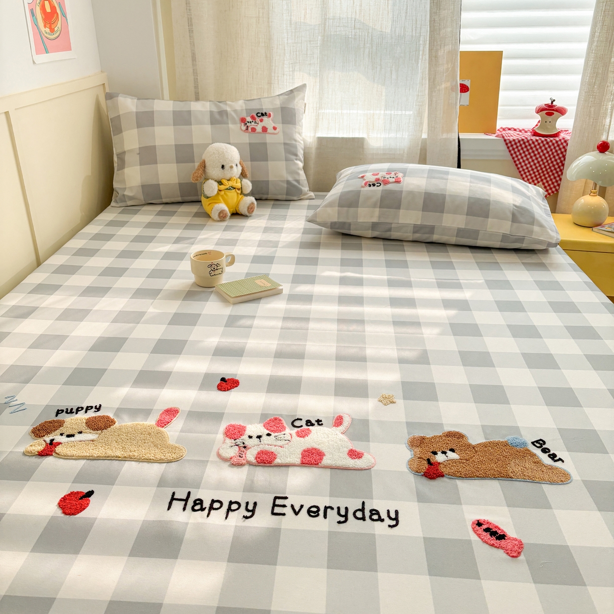 91家纺网 家纺一手货源 找家纺 雅居纺家纺 2026新款毛巾绣全棉纯棉老粗布席子凉席床笠床单 灰格趴趴宠