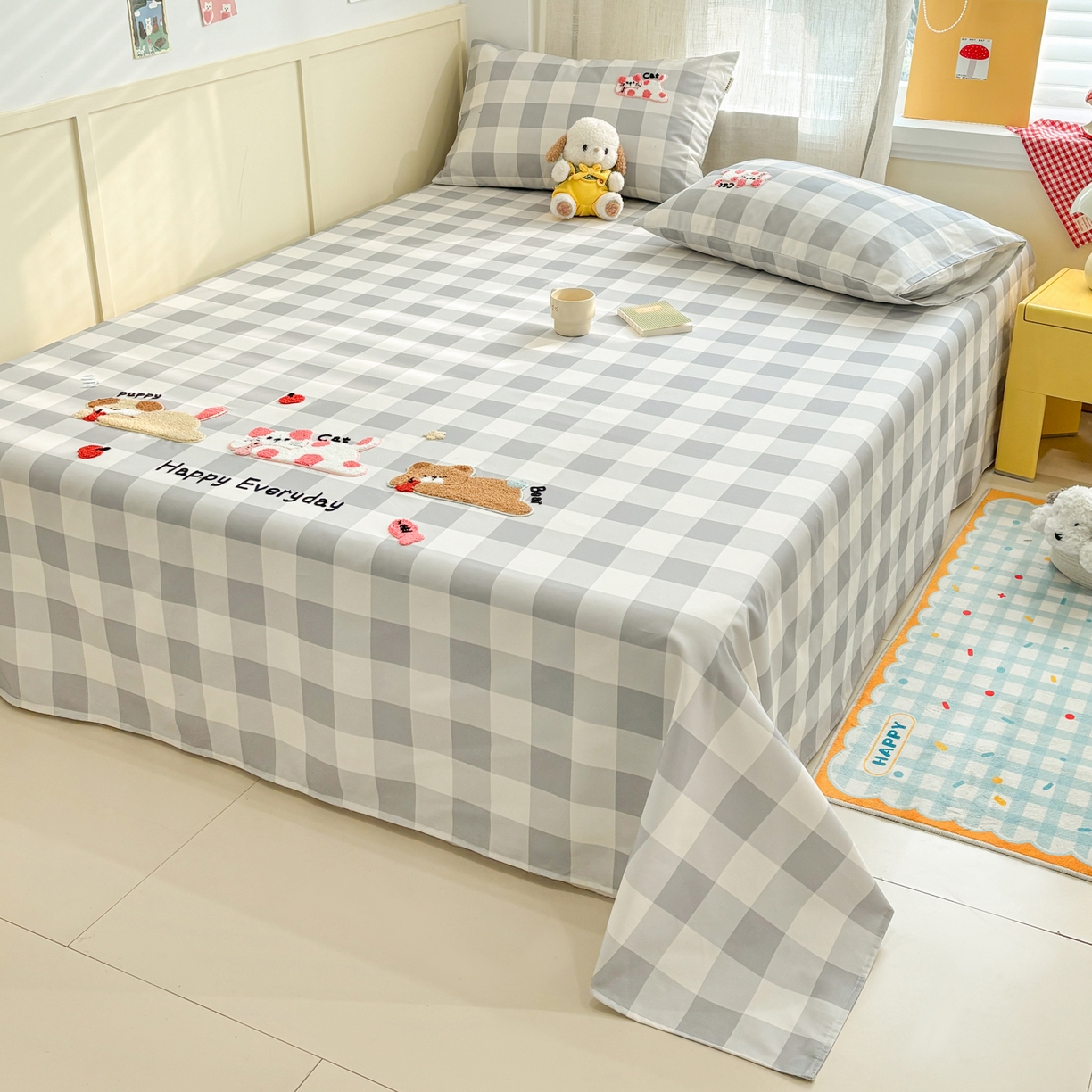 91家纺网 家纺一手货源 找家纺 雅居纺家纺 2026新款毛巾绣全棉纯棉老粗布席子凉席床笠床单 灰格趴趴宠