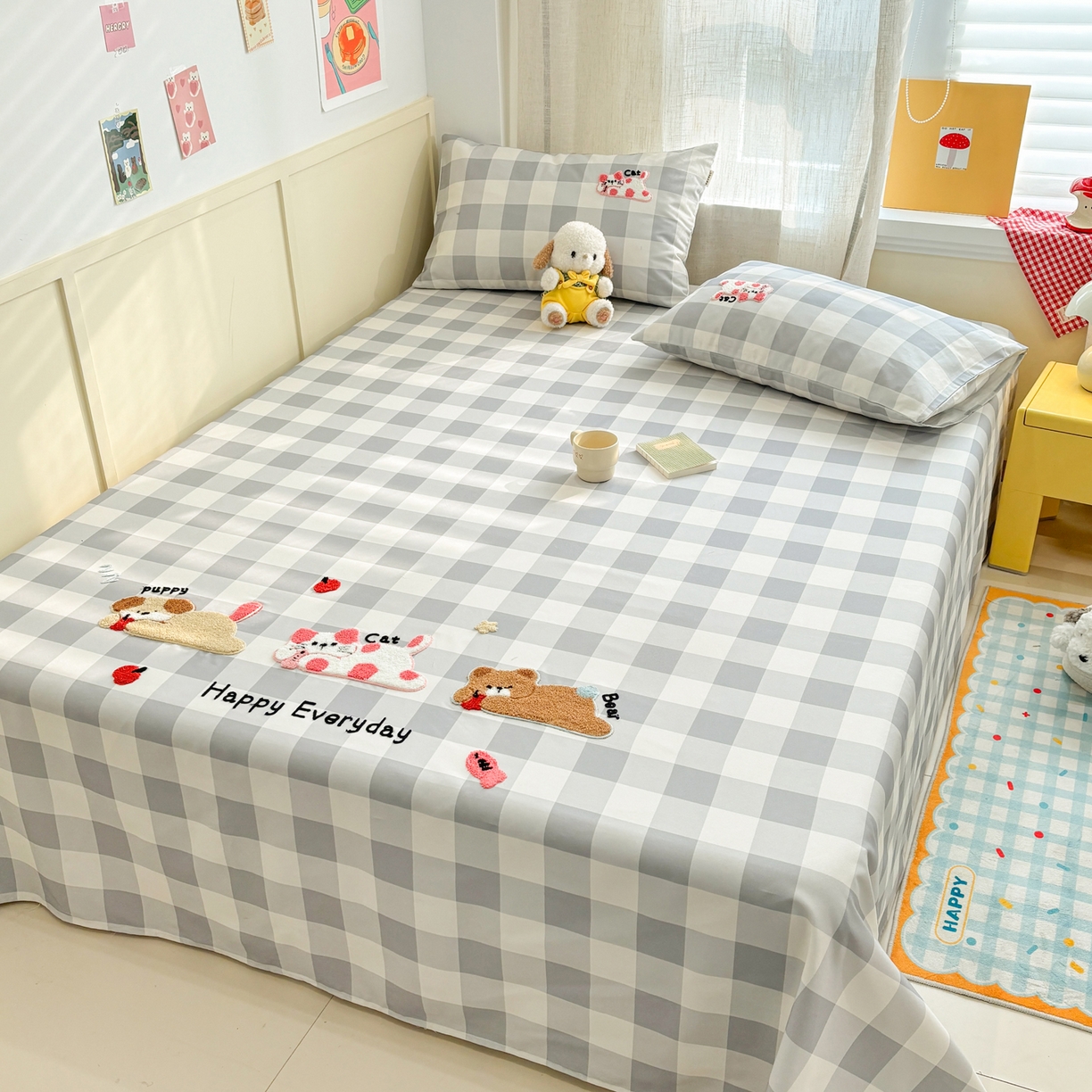 91家纺网 家纺一手货源 找家纺 雅居纺家纺 2026新款毛巾绣全棉纯棉老粗布席子凉席床笠床单 灰格趴趴宠