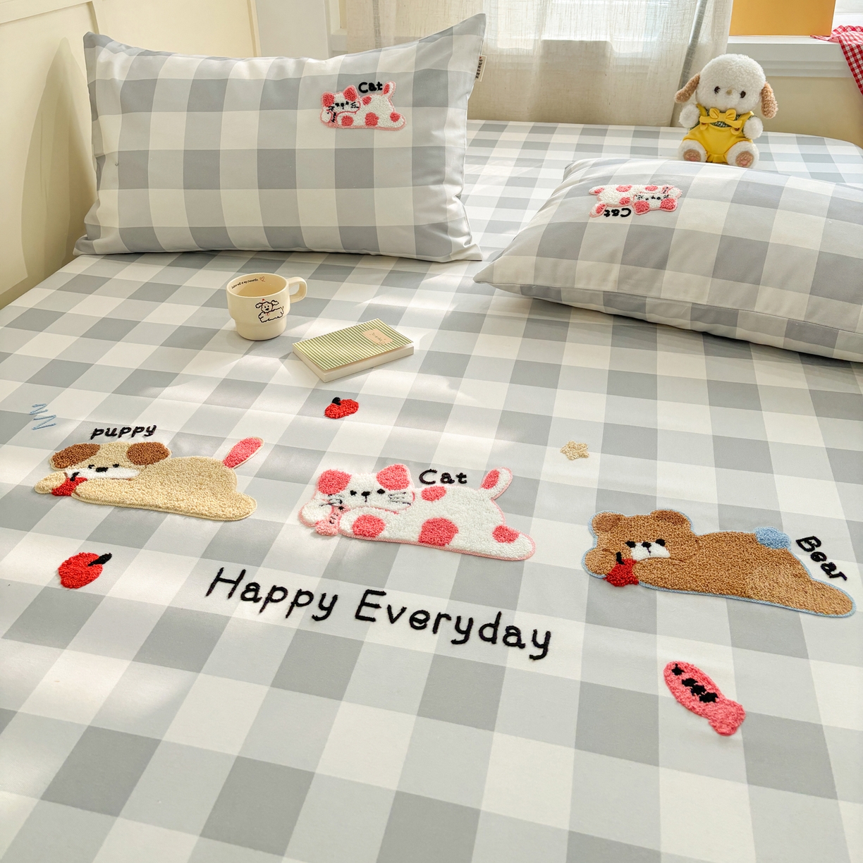 91家纺网 家纺一手货源 找家纺 雅居纺家纺 2026新款毛巾绣全棉纯棉老粗布席子凉席床笠床单 灰格趴趴宠